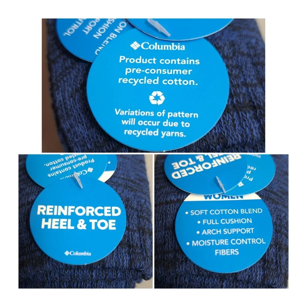 COLUMBIA 4‎ Pairs Women's Crew Socks Blue Reinforced Heel & Toe Shoe Size 4-10